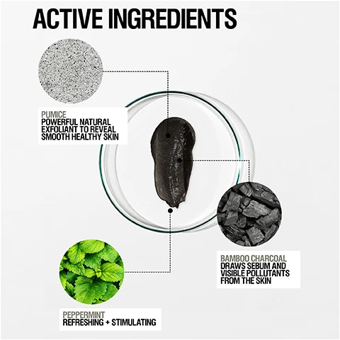 Image 1 - An infographic displays a black paste in a petri dish, connected by dashed lines to three circular images: a gray granular substance representing pumice, black chunks of bamboo charcoal, and green peppermint leaves, with the visible text Active Ingredients, Pumice Powerful natural exfoliant to reveal smooth healthy skin, Bamboo Charcoal Draws sebum and visible pollutants from the skin, and Peppermint Refreshing + Stimulating. Image 2 - Two people with varying skin tones, one fair and one dark, have their arms intertwined, displaying the text: GENTLE, EFFECTIVE EXFOLIATION INSTANTLY SMOOTHER, BRIGHTER SKIN TONES + PURIFIES. Image 3 - The image shows three statistics in black text on the left against a white background, with five identical light green product tubes aligned vertically on the right; the text reads: 90% AGREED SKIN VISIBLY SMOOTH AFTER ONE USE, 97% AGREED EXFOLIATION WITHOUT IRRITATION, 94% AGREED SKIN ON ARMS, LEGS + STOMACH FEELS SMOOTHER, and the text on each tube reads GROWN ALCHEMIST SOOTHING BODY EXFOLIANT EXFOLIANT CORPS APAISANT GLOWING BEAUTY. Image 4 - A customer review displaying a five-star rating and the text: ★★★★★ BEST EXFOLIANT EVER. HAS A LOVELY INVIGORATING SCENT + LEAVES SKIN SUPER SMOOTH, CANT GET ENOUGH OF IT. - QUEENSBURYGIRL. Image 5 - A dark-skinned persons bare shoulder and arm, with a hand resting on the shoulder, next to the text HOW TO USE Massage into damp skin in circular motions. Remove with warm water. Image 6 - A dark, textured exfoliating gel with visible scrub particles spread on a surface, with the text Exfoliating Gel With Scrub Particles.