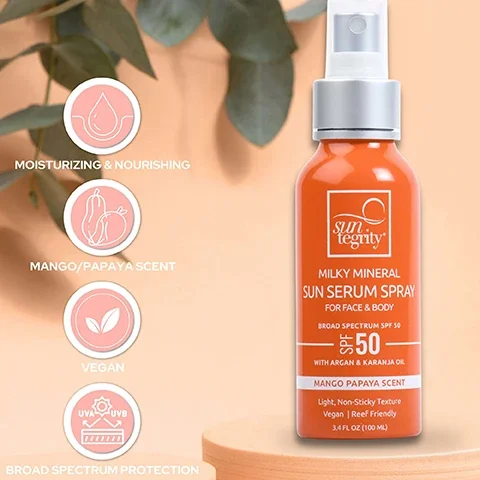 moisturising and nourishing. mango/papaya scent. vegan. broad spectrum protection