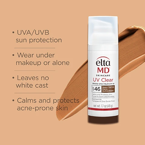 Image 1 - A bottle of Elta MD UV Clear broad spectrum sunscreen with a pump top sits on a tan swatch, featuring text that reads: UVA/UVB sun protection, Wear under makeup or alone, Leaves no white cast, Calms and protects acne-prone skin, net wt. 1.7 oz (48 g).
Image 2 - Image shows a bold, red rectangular graphic with the text #1 Dermatologist Recommended Professional Sunscreen Brand and a small note at the bottom indicating a study reference.
Image 3 - A woman with dark skin is applying a product to her face, with text beside her stating Formulated with: Niacinamide (Vitamin B3) to reduce redness and restore suppleness.
Image 4 - Three hands of different skin tones are displayed, two holding sunscreen lotion and one palm facing up without product, with the text THINK ZINC OXIDE and Natural mineral compound that works as a sunscreen agent by reflecting and scattering UVA and UVB rays above and below the hands, respectively, and a logo that includes Zn in the bottom left corner.
Image 5 - A bottle of Elta MD UV Clear broad spectrum sunscreen with a white pump top, featuring the text ACTIVE INGREDIENTS 9.0% Zinc Oxide 7.5% Octinoxate alongside the sunscreens description and product details.
Image 6 - A woman poses with a makeup product on her cheek, showcasing the products blend, with text that reads Featuring Invisible Blend Technology that blends in for a sheer, no white cast finish.
Image 7 - A young woman with curly, brown hair holds a bottle of Elta MD skincare product, showing a confident expression, with text on the image stating Clinically proven to improve skin texture by 40%.
Image 8 - Three women with textured hair smile while holding a skincare product; the image includes the text 92% agree leaves no white cast.
Image 9 - The image shows two side-by-side portraits of a woman, one labeled BASELINE on the left and the other labeled 12 WEEKS on the right, illustrating a 38% improvement in skin discoloration.Image 10 - Ingredients list for a product, with ACTIVE INGREDIENTS: in red followed by Octinoxate 7.5% and Zinc Oxide 9.0%, and INACTIVE INGREDIENTS: followed by a list including Purified Water, Petrolatum, Isopropyl Palmitate, and others.