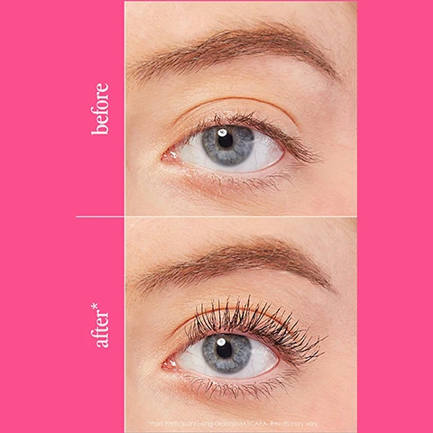 Image 1 - Image shows a side-by-side comparison of an eye before and after applying mascara, with the word before next to the first image and after* next to the second image, and a note at the bottom about results.
Image 2 - Image features a tube of mascara with a glossy black wand, against a pink background, with text that reads mascara with extreme volume & length, followed by bullet points stating peptide infused formula for healthier looking lashes, buildable, clump free, water resistant formula, and expert formula, made in Italy.
Image 3 - A woman is applying mascara to her eyelashes with a mascara tube in her hand, set against a pink background, featuring text that reads 97% saw longer looking lashes.
Image 4 - Image of a gold mascara tube and wand positioned on a pink background, with text highlighting features: Lashcare Ingredient: peptides, Brush: classic wand perfect for building length, Instant Effect: natural, buildable length, and Long-term Effect: healthier looking lashes.
Image 5 - A woman with long dark hair is applying mascara while holding a gold mascara tube in her hand, with a pink background featuring the text five stars, condition + coat, and a quote about the products benefits for lash health.