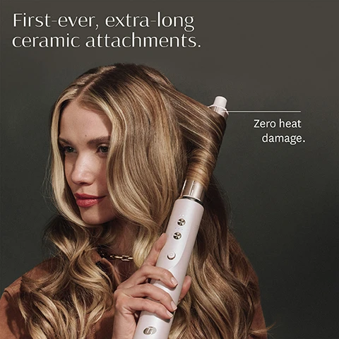 image 1, first ever, extra long ceramic attachments. zero heat damage. image 2, soft aire drying concentrator softens airflow for rapid drying that helps protect hair's natural moisture. image 3, T3 aire 360 technology. optimised airflow wraps hair effortlessly. ceragloss ceramic surface harnesses high performance heat for lasting results. image 4, oval brush shaped to lift at the roots and create waves and bends for smooth, sleek looks. cool tip, smooth grip bristles. ceragloss ceramic surface. image 5, T3 aire 360 how to style with curling attachments. step 1 = pre-dry hair until slightly damp. step 2 = hold the middle section of a 1-2 inch section, letting the ends hang. step 3 = allow the tool to grip the ends and wind the hair up the barrel. step 4 = hold until section is dry, then activate cool shot and release. image 6, what's included. curling attachments, oval brush, soft aire drying concentrator. aire 360 base. vegan leather storage tote.