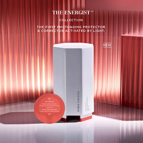 Image 1, the energist collection. the first photoaging protector and corrector activated by light. image 2, recyclable active dose. for optimal formula potency, integrity and dosage. image 3, preserve skin, correct age spots, reduce wrinkles. image 4, clean and safe formula 100% mineral sunscreen. cruelty free and vegan. free of silicone and fragrance. image 5, multi defense shield. 100% sun spectrum = UVA, UVB, infrared, visible and blue lights. pollution, free radicals. image 6, groundbreaking OSMV technology. the 1st photoaging protector and corrector activated by UV light. image 7, sustainably innovative packaging. starch based box, plastic free. 100% recyclable, 60 active doses.