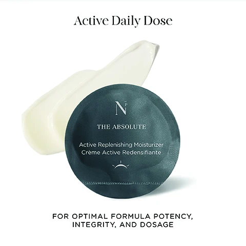 Image 1 - A round, dark green container labeled THE ABSOLUTE with text stating Active Replenishing Moisturizer Crème Active Redensifiante beside a dollop of white moisturizer, with the heading Active Daily Dose and the note FOR OPTIMAL FORMULA POTENCY, INTEGRITY, AND DOSAGE below.
Image 2 - Image shows a collage of skincare ingredients in petri dishes with text labels describing each ingredient: Goji with text REDUCES APPEARANCE OF AGE SPOTS, Black Raspberry with text PROTECTIVE ANTIOXIDANT, Sesame Seed with text NOURISHING & SOFTENING, Acai with text SOOTHING ANTIOXIDANT, Retinol with text AS PER SERUM, and Microalgae with text TIGHTENING & FIRMING.
Image 3 - Close-up of a womans face showing brown eyes and natural skin texture with the text FORTIFY. HYDRATE. CONTOUR. on the right side.
Image 4 - An abstract image showing bubbles suspended in a pale background with text that reads Groundbreaking OSMV™ Technology, 10x more effective skincare, and +200% increased skin penetration.
Image 5 - A close-up of a woman applying cream to her cheek while looking directly at the camera, with text on the right side stating After 8 Weeks 93% saw more luminous skin and After 8 Weeks 91% saw fullness and volume restored.
Image 6 - A smooth, cream-like texture is shown on a light background, with text stating Clean Formula, CRUELTY-FREE & GLUTEN-FREE, and free of fragrance, parabens, alcohol, silicone...
Image 7 - A dark blue cylindrical container labeled THE ABSOLUTE sits on a white platform next to a white box with NOBLE PANACEA and product details, featuring text that reads Recycle. Refill. Repeat. and 100% recyclable active daily doses*.