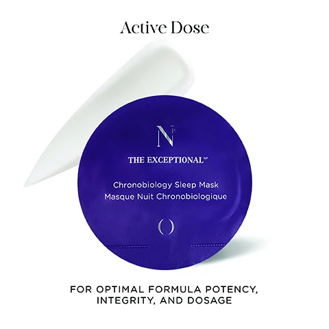 Image 1 - A round, purple packaging labeled N THE EXCEPTIONAL Chronobiology Sleep Mask Masque Nuit Chronobiologique is partially shown next to a white applicator, with the text Active Dose above and FOR OPTIMAL FORMULA POTENCY, INTEGRITY, AND DOSAGE below.
Image 2 - Three clear glass dishes contain various substances: one with green liquid, one with white powder, and another with pale green powder, accompanied by text outlining a skincare routine: Stage 1: Detox, PHA: Evens skin tone; Stage 2: Repair, Retinol: Boosts collagen & elastin; Stage 3: Nourish, Ceramide NP: Improves skin barrier.
Image 3 - A close-up of a womans face highlighting her smooth skin, with visible text that says DETOX. REPAIR. NOURISH.
Image 4 - An image of a dark background featuring a circular gauge with a purple outline, displaying three stages of skincare technology: Stage 1 Detox from 11pm to 4am, Stage 2 Repair from 2am to 4am, and Stage 3 Nourish at maximum at 4am, along with the text Groundbreaking OSMV Technology and Programmed sequence of ingredients calibration to skins biorhythm.
Image 5 - A close-up image of a woman using a skincare tool on her cheek, with text on the right side stating After 8 Weeks 97% said skin looked luminous, radiant and plump and After 4 Weeks 100% felt skin looked replenished, energized, and healthy-looking.
Image 6 - A smooth white surface with cream-like swirls, featuring the text Clean Formula, cruelty-free & vegan, free of fragrance, parabens, alcohol, silicone...
Image 7 - A white box labeled NOBLE PANACEA is positioned next to a round navy blue container marked with THE EXCEPTIONAL and the text Chronobiology Sleep Mask Masque Nuit Chronobiologique, with additional visible text including Recycle. Refill. Repeat. and 100% RECYCLABLE ACTIVE DOSES.