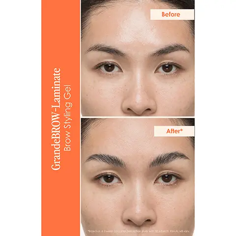 Image 1, GrandeBROW-Laminate Brow Styling Gel After* Before Image 2, GrandeBROW Enhancing Serum Results after 16 weeks After* Before Image 3, GrandeBROW LAMINA Grande BROW LAMINAJE pick up a smal omount of gel with included spoole brush 2 wipe off excess gel on the back of your hand brush the gel rough browsin upward strokes 4 use the angled metal part of the brush to gently press hos down for Image 4, GrandeBROW 6-8 weeks 100% saw fuller, bolder looking brows* 4 months full improvement for sparse, thinning, or over-plucked brows* Image 5, Brow Styling Gel instantly lift, sculpt & set GrandeBROW LAMINATE GrandeBROW Brow Enhancing Serum Brow Enhancing Serum fuller looking brows in just 6-8 weeks