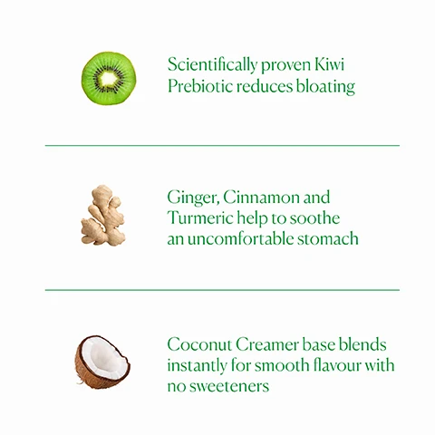 Image 1 - Image shows three sections with illustrations of a kiwi, ginger root, and coconut, accompanied by text describing their health benefits: Scientifically proven Kiwi Prebiotic reduces bloating, Ginger, Cinnamon and Turmeric help to soothe an uncomfortable stomach, and Coconut Creamer base blends instantly for smooth flavor with no sweeteners.
Image 2 - Image shows a close-up of a spoonful of yellow powder, with text that reads: Debloat Gut Barrier+ Scientifically proven to reduce bloating with targeted prebiotics Formulated for sensitive stomachs Sweetener-Free, Vegan, Sugar-Free, Gluten-Free, Additive-Free, Cruelty-Free, Endocrine Safe.
Image 3 - A brown supplement bottle labeled NUE is shown on a light green background, with the text Within 1 Hour Bloating should start to reduce and your stomach should feel more comfortable.
