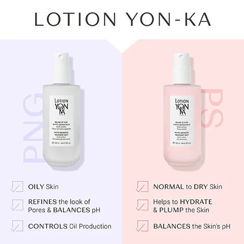 image 1, lotion on-ka. PNG = oily skin, refines the look of pores and balances ph, controls oil production. PS = normal to dry skin, helps hydrates and plump the skin, balances the skin's ph. image 2, same size, same formula. new packaging, more sustainable