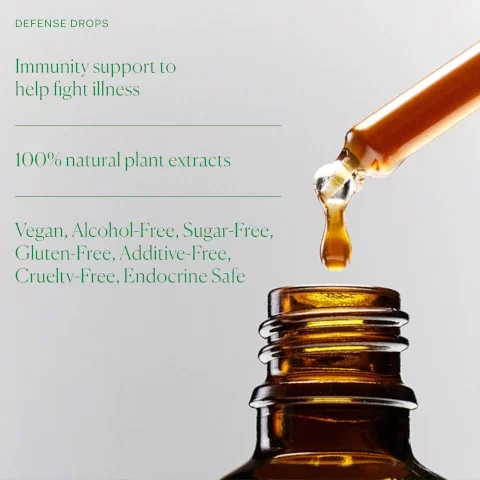 An amber glass dropper bottle with a dropper dispensing a liquid, accompanied by text that reads Immunity support to help fight illness, 100% natural plant extracts, and Vegan, Alcohol-Free, Sugar-Free, Gluten-Free, Additive-Free, Cruelty-Free, Endocrine Safe.