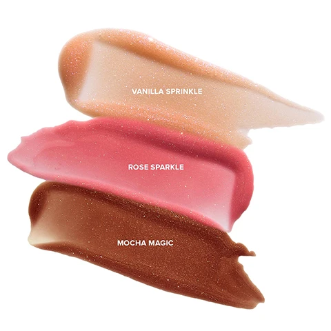 image 1, swatches of vanilla sprinkle, rose sparkle, mocha magic. image 2, shade vanilla sprinkle on three different skin tones. image 3, shade rose sparkle on three different skin tones. image 4, shade mocha magic on three different skin tones. image 5, skincare infused lip treatment. avocado butter. 2% tripeptide complex. shea butter. image 6, why it works, hydrating peptide lip butter. avocado butter is an antioxidant that hydrates and softens. shea butter has vitamin A and E that softens, soothes and protects. 2% tripeptide complex have peptides which are plumping, volumising and lock in moisture. 3 in 1 lip butter = hydrating, plumping and gloss. image 7, makeup meets skincare. peptides up to +101% increase in hyaluronic acid, locks in moisture up to +50%. enhance overall lip matrix up to +130% collagen. up to +15% lip plumping increase peptides increase lip volume, hydration and softness. image 8, clinical results. 86% of consumer agreed that their lips looked juicier after first use. 100% of consumers agreed that their lips felt moisturised after first use. 100% of consumers agreed that their lips felt soft after first use. image 9, hydrating and lip plumping shea and avocado butter. image 10, your lips but better. before and after rose sparkle. image 11, collect them all hydrating peptide lip butter. clear gloss, dolce nude, candy kiss, sugar plum, vanilla sparkle, rose sparkle, mocha magic.