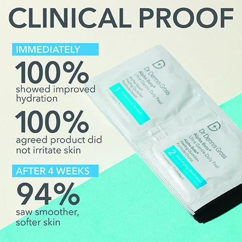 Image 1 - Image of two packets of Dr. Dennis Gross Alpha Beta Ultra Gentle Daily Peel placed against a mint green background, with text stating CLINICAL PROOF, IMMEDIATELY 100% showed improved hydration, 100% agreed product did not irritate skin, AFTER 4 WEEKS 94% saw smoother, softer skin.
Image 2 - Image shows two packets of Dr. Dennis Grosss Alpha Beta Ultra Gentle Daily Peel with the text TWO MINUTES FOR CLEAR, RADIANT SKIN at the top and the phrases 1 EXFOLIATE & SMOOTH and 2 ANTI-AGING NEUTRALIZER on the packets.
Image 3 - Image shows a skincare product highlight with the title STEP 1: EXFOLIATE & SMOOTH and bold text stating 3 ACIDS in orange. Below, it lists FEATURING followed by descriptions of Lactic Acid, Malic Acid, and Willow Bark Extract, detailing their benefits for skin.
Image 4 - Image of a skincare product page showing the text STEP 2: ANTI-AGING NEUTRALIZER at the top, followed by FEATURING and descriptions of ingredients including Colloidal Oatmeal anti-irritant and anti-inflammatory, Hyaluronic Acid hydrates and plumps, and CO-Q10 fights free radicals, with a background of fluid drops and a white cloth.
Image 5 - Close-up comparison of skin around the eyes showing visible differences in fine lines and wrinkles, with BEFORE on the left and AFTER 1 WEEK on the right, and text stating CLINICALLY PROVEN to reduce the appearance of fine lines & wrinkles at the bottom.
Image 6 - Close-up images of a forehead showing skin texture before and after treatment, with visible text reading BEFORE on the top image, AFTER 2 WEEKS on the bottom image, and CLINICALLY PROVEN to reduce the appearance of fine lines & wrinkles at the bottom.