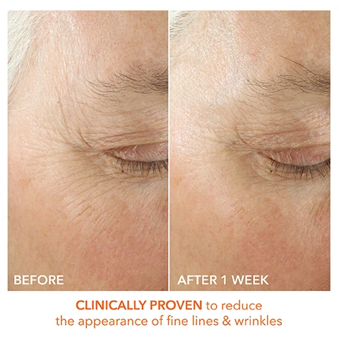 Image 1 and 2, before and after 1 week. clinically proven to reduce the appearance of fine lines and wrinkles. image 3, clinical proof. immediately 100% showed improved hydration. 100% agreed product did not irritate skin. after 4 weeks 94% saw smoother, softer skin. image 4, two minutes for clear, radiant skin. 1 = exfoliate and smooth. 2 = anti-aging neutraliser.