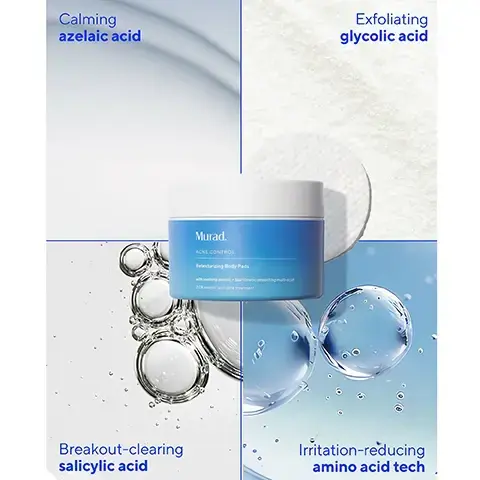 Image 1, retexturising body pads. in one use, smooths and clears body acne. immediately soothes aggravated skin and improves skin tone. improves KP - chicken skin and ingrown hairs. number 1 dermatologist founded brand. image2, calming azelaic acid, exfoliating glycolic acid, breakout clearing salicylic acid, irritation reducing amino acid tech. image 3, clear body acne in 2 steps. use together for your clearest, smoothest skin. 1 = clarifying body spray, use 1-3 times again. 2 = retuxurising body pads, use once a day. image 5, how to clear acne, top to toe, KP and ingrown hairs too. body acne = clarifying body spray - maintains clear skin and prevents breakouts. retexurising body pads - clears body breakouts, chicken skin and ingrown hairs. face acne = clarifying cleanser - clears breakouts, treats beyond rinse off. deep relief acne treatment - heals and clears deep, uncomfortable acne. image 4, breakouts? this is the team you need. the retinol you love accelerates clearing and healing from your favourite deep acne treatment. cleanse = washes away oil and debris for better treatment penetration. increase cell turnover = helps unclog pores, smooth texture and prevent breakouts. clear = heals and clears deep, painful acne bumps. image 5, retexturising body and face pads. smooths skin and clears body acne fast. immediately soothes aggravated skin and improves skin tone over time. improves KP (chicken skin) and ingrown hairs. number 1 dermatologist founded brand.