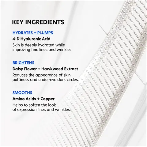 Image 1, R Amino Acids + Copper KEY INGREDIENTS HYDRATES + PLUMPS 4-D Hyaluronic Acid Skin is deeply hydrated while improving fine lines and I wrinkles. BRIGHTENS Daisy Flower + Hawkweed Extract Reduces the appearance of skin puffiness and under-eye dark x circles. SMOOTHS Helps to soften the look of expression lines and wrinkles. Image 2, 100% of subjects perceived an improvement in dark circles caused by age-related volume loss and thin skin.* BASELINE AFTER 12 WEEKS *Based on case study doto of 12 subjects. Subjects applied two times a week for 12 weeks. Photos not retouched Image 3, BASELINE 22% reduction in wrinkles in just one treatment* AFTER 12 WEEKS *Based on a case study data of 12 subjects. Subjects applied 2 times a week for 12 weeks. Photos not retouched Image 4, 199 HOW TO USE STEP 1 - Clean skin and dry well before application - Peel away protective backing from eye patch STEP 2 - With micro-needles facing down, press patch on skin under the eye, with the narrow side of the patch at the inner eye -Gently press the entire adhesive circumference with your fingertips - Massage entire patch for 1 minute to secure and activate Wear overnight for maximum absorption, or a minimum of 2-3 hours, 1-2X a week Image 5, Complete the regimen For maximum skin hydration, apply Hyaluronic Acid Boosting Serum prior to applying the Hyaluronic Acid Microneedle Eye Patches PCA skin hyaluronic acid money aches 200g 50g 150 Hyaluronic acid boosting serum PC skin 191230