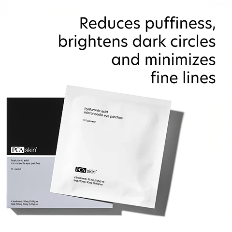 Image 1 - A white packet labeled PCA skin hyaluronic acid microneedle eye patches is shown alongside a black box, with the text: Reduces puffiness, brightens dark circles and minimizes fine lines.
Image 10 - Image shows a blue laboratory flask icon above the text that reads Innovators in healthy skin for 30 years At PCA SKIN®, we use clinically-backed research and science to develop safe and effective products that deliver visible results for healthy, beautiful skin.
Image 2 - A woman is smiling while applying a clear eye patch under her right eye, gently touching her face with one hand.
Image 3 - Image of a skincare product with key ingredients listed, including headings for Hydrates + Plumps, Brightens, and Smooths, along with descriptions of 4-D Hyaluronic Acid, Daisy Flower and Hawkweed Extract, and Amino Acids + Copper.
Image 4 - Image shows a side-by-side comparison of an eye area with dark circles; the left side labeled as BASELINE and the right side labeled as AFTER 12 WEEKS, with visible text stating 100% of subjects perceived an improvement in dark circles caused by age-related volume loss and thin skin.
Image 5 - Image shows a side-by-side comparison of an eye area labeled Baseline on the left and After 12 Weeks on the right, with visible improvements in puffiness and tiredness; text reads Brightens & improves the appearance of puffy and tired-looking eyes.
Image 6 - Image shows two close-up photos of an eye area with wrinkles; the left photo labeled BASELINE shows more visible wrinkles, while the right photo labeled AFTER 12 WEEKS shows smoother skin with fewer wrinkles, accompanied by the text 22% reduction in wrinkles in just one treatment*.
Image 7 - Image shows a diagram explaining the function of eye patches, with the heading How it works and text detailing that each pair contains 1,254 self-dissolving microneedles infused with 50 mg of 4-D Hyaluronic Acid for improved delivery of hydrating and anti-aging ingredients under the eye.
Image 8 - Image shows a step-by-step guide for using an eye patch, with illustrations for each step and text outlining the instructions: STEP 1 - Clean skin and dry well before application - Peel away protective backing from eye patch; STEP 2 - With micro-needles facing down, press patch on skin under the eye, with the narrow side of the patch at the inner eye - Gently press the entire adhesive circumference with your fingertips - Massage entire patch for 1 minute to secure and activate; Wear overnight for maximum absorption, or a minimum of 2-3 hours, 1-2 times a week.
Image 9 - Three women of diverse backgrounds are smiling together, showcasing healthy skin, with the text for dry, oily, combination and normal skin for preventative and aging skin concerns displayed above them.