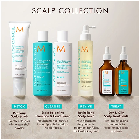 image 1, scalp collection. detox with purifying scalp scrub - gently exfoliates with argan shell powder. cleanse with scalp balancing shampoo and conditioner - nourishing duo purifies the scalp to help reduce visible flakes. revive with reviatlising scalp tonic - fast absorbing daily leave-in treatment for fuller, thicker looking hair. treat with dry and oily scalp treatments. two pre-cleansing treatments to target unique scalp concerns. image 2, before and after 16 weeks. proven to reduce fall out and shredding by up to 97%. image 3, 87% agree their hair looks fuller. 84% agree their hair feels stronger. image 4, argan oil - antioxidant rich natural oil that helps to nourish hair and scalp. botanical therapy blend - helps to relieve discomfort, protect and promote an optimal scalp environment to enable hair to grow. majorana leaf extract - helps promote a healthy and balanced environment for optimal hair growth. japanese plum leaf extract - derived from the japanese plum tree, this extract helps protect the scalp. image 5, when to use = daily, on damp or dry hair (weightless spray won't affect dry styles) when to use - support thicker, fuller hair over time. help strengthen strands to reduce fall out. promote optimal scalp environment to enable hair growth.