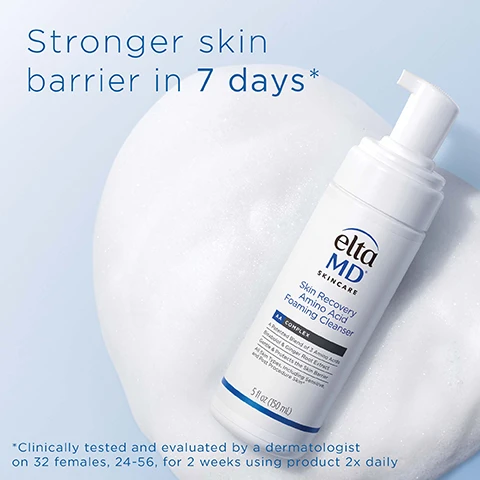 Image 1 - An Elta MD skincare bottle of Skin Recovery Amino Acid Foaming Cleanser is shown on a soft, white, bubbly background with the text Stronger skin barrier in 7 days* in large blue font and additional text below regarding clinical testing.
Image 2 - A smiling woman with long red hair and freckles holds a bottle of EltaMD Skin Recovery Amino Acid Foaming Cleanser, with the text Gentle formula for sensitive skin displayed in the background.
Image 3 - Image of a white bottle of EltaMD Skin Recovery Amino Acid Foaming Cleanser on a light marble background, with text stating it is suitable for all skin types, helps reduce visible facial redness, removes sunscreen, makeup, and skin damaging pollution, leaves skin feeling clean and hydrated.
Image 4 - Image shows colorful, translucent bubbles on a light background with text that reads Breakthrough AAComplex technology Formulated with a patented complex of 3 Amino Acids (AAComplex) to help restore and strengthen skin from within Taurine Glycine Arginine.
Image 5 - Image shows a white bottle of Elta MD skincares Skin Recovery Amino Acid Foaming Cleanser with a foamy texture in front, accompanied by percentage statements about user satisfaction: 98% agreed it felt gentle and did not irritate their sensitive skin, 93% agreed it did not leave their skin feeling tight or dry, and 92% agreed their skin feels hydrated and soft after 1 use, with a note about the data source at the bottom.
Image 6 - Image shows a side-by-side comparison of a womans face labeled before and after treatment, with visible skin redness in the before image and reduced redness in the after image, along with text stating that after 14 days, this cleanser effectively reduces visible facial redness.
Image 7 - A woman in a red shirt is sitting on a chair, smiling and applying lotion from a bottle held by a woman in a white lab coat, with shelves of skincare products in the background, and the text Dermatologically tested above a medical cross symbol.
Image 8 - A display of five skincare products from Elta MD arranged on a white tray against a light marble background, with the text COMPLETE YOUR REGIMEN at the top.
Image 9 - Image shows a list of ingredients with the heading INGREDIENTS: followed by a detailed enumeration of various components such as Water, Glycerin, Decyl Glucoside, and others.