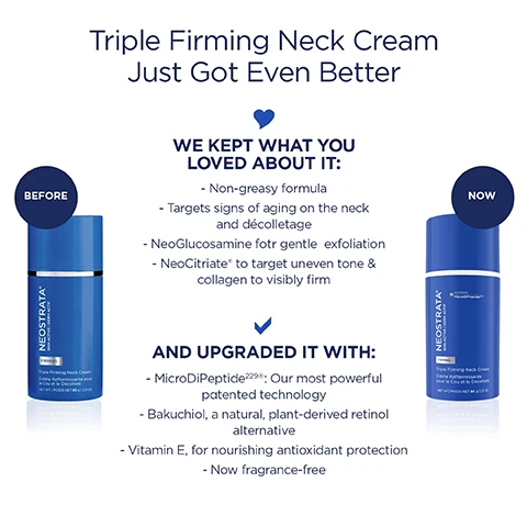 image 1, triple firming neck cream just got even better. we kept what you loved about it - non greasy formula. targets signs of ageing on the neck and decolletage. neoglucosamine for gentle exfoliation. neocitrate to target uneven tone and collagen to visibly firm. and upgraded it with - micro di peptide our most powerful patented technology. bakuchiol a natural, plant derived retinol alternative. vitamin e for nourishing antioxidant protection. now fragrance free. image 2, 95% said smoother neck and decolletage texture. % of participants noting improvement after 2 weeks of twice daily use. image 3, formulated to reduce visible signs of aging on the neck and decolletage. image 4, visible improvements to discoloration, sagging skin and wrinkles. after 12 weeks of twice daily usage. image 5, micro di peptide - targets 5 key components of skin's matrix to visibly lift sagging skin. bakuchiol visibly brightens and smooths. neoglucosamine - gently exfoliates. neo glucosamine - targets uneven tone and collagen to visibly firm. vitamin e - neutralises the effects of environmental aggressors. image 6, 92% neck appears firmer and more elastic. % of participants noting improvement with twice daily use after 16 weeks. image 7, product safety. oil free, no added parabens, dermatologist and allergy tested. clinically treated.