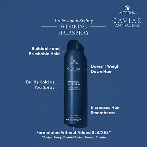 Professional styling working hairspray. Buildable and brushable hold. Doesn't weigh down hair. Builds hold as you spray. Increases hair smoothness. Formulated without added SLS, SLES, sodium lauryl sulfate or sodium laureth sulfate. Caviar styling collection. Before. After. New look + updated formula.