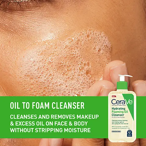 Image 1, OIL TO FOAM CLEANSER CLEANSES AND REMOVES MAKEUP & EXCESS OIL ON FACE & BODY WITHOUT STRIPPING MOISTURE CeraVe Hydrating Foaming Oil Cleanser Image 2, Squalane Oil Helps to maintain the skin barrier & keep skin comfortable without feeling greasy SSENTIA Ceramides 1, 3, 6-11 AMIDES Helps maintain skin's natural barrier Hyaluronic Acid Helps retain skin's natural moisture Image 3, DEVELOPED WITH Developed with Dermatologists FRAGRANCE Fragrance-Free WON'T CLOG PORES Non-Comedogenic ACCEPTED CeraVe Hydrating Foaming Oil Cleanser For Dry to Very Dry Skin Cleanses without leaving skin feeling tight or disrupting the skin barrier With 3 essential ceramides squane ol & hyaluronic acid RESHOVE FREE National Eczema Association Accepted by NEA