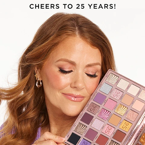 image 1, cheers to 25 years. image 2, swatches of eyeshadow shades on 6 different skin tones. 1 = celebrated. 2 = worthy. 3 = in bloom. 4 = lift up. 5 = hustle. 6 = 1brapt. 7 = tripping with taret. 8 = be kind. 9 = unstoppable. 10 = community. 11 = park ave princess 12 = energy. 12 = limitless. 14 = give back. 15 = empower. 16 = positivity. 17 = big ego. 18 = enough. 19 = tartelette. 20 = be present. 21 = maureen. 22 = 1999. 23 = teachers. 24 = lights, camera, lashes. 25 = fearless. 26 = entrepreneur. 27 = NYC. 28 = boss.