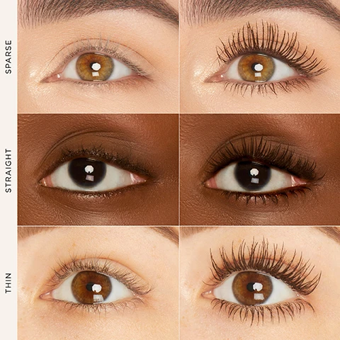 Image 1, before and after on sparse, straight and thin lashes. image 2, 24 hour flake free, smudge proof, longwear. based on a clinical study on 33 subjects. image 2, 100% agreed my lashes feel nourished. TLC complex of niacinamide, biotin and panthenol for thicker, longer more conditioned looking lashes. based on a consumer panel study of 32 subjects. image 3, dissolves with micellar water or makeup remover. image 4, 360 degree lash extension comb with 296 molded bristles. brown finish. instant definition = combs and separates, no clumps. conical bristles = evenly coat lashes with flake free tubes. image 5, travel size vs full size.