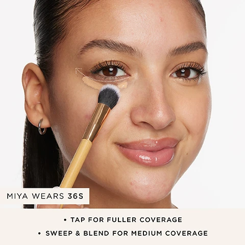image 1, miya wears 26s. tap for fuller coverage. sweep and blend for medium coverage. image 2, fluffy, angled bristles blends like a dream. image 3, eman wears 61G.