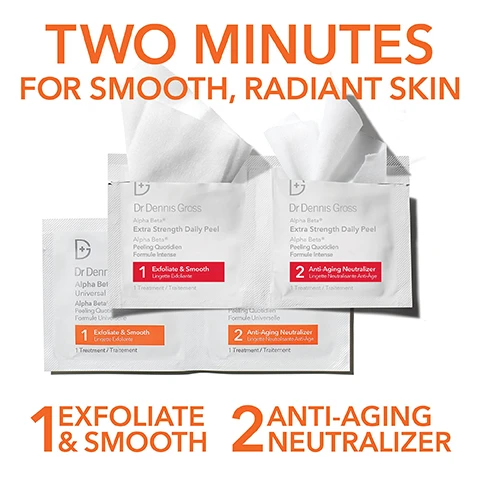 image 1, two minutes for smooth, radiant skin. 1 = exfoliate and smooth. 2 = anti-aging neutraliser. image 2, before and after 1 month. clinically proven to improve texture. based on a 12 week clinical study of 28 participants. image 3, before and after 2.5 months. clinically proven to reduce texture and hyperpigmentation. based on a 12 week clinical study of 28 participants. image 4, pick your peel. start with universal peel. when you need an extra boost. use extra strength daily peel. image 5, choose your peel for immediate radiance. ultra gentle daily peel (3 acids) - calms skin, hydrates, promotes youthful complexion. universal daily peel (5 acids) - smooths texture, shrinks the look of pores, evens out skin tones, reduces fine liens. extra strength daily peel (7 acids) - firms skin, clears complexion, reduces hyperpigmentation, reduces wrinkles.