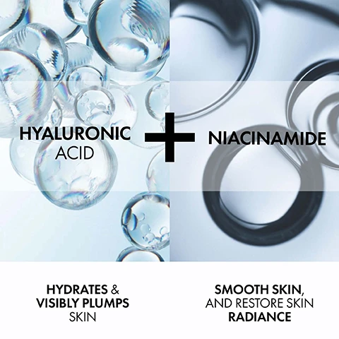 Image 1 - Image shows two halves with images of water droplets on the left and smooth circular shapes on the right, with text that reads HYALURONIC ACID + NIACINAMIDE and beneath it, HYDRATES & VISIBLY PLUMPS SKIN and SMOOTH SKIN, AND RESTORE SKIN RADIANCE.
Image 2 - A woman with smooth skin is gently touching her face, showcasing a hand wearing a ring, with text overlay stating DAILY UV PROTECTION, 93% AGREED IT DOES NOT LEAVE A WHITE CAST, and 91% AGREED IT FEELS LIGHTWEIGHT & COMFORTABLE, with a background gradient of light blue and white.
Image 3 - A blue and white sunscreen bottle labeled VICHY MINÉRAL 89 BROAD SPECTRUM SPF 30 is displayed against a white background, alongside text that reads CERTIFIED WITH DERMATOLOGISTS DEVELOPED BY VICHY LABORATOIRES FRAGRANCE-FREE OXYBENZONE-FREE SUITABLE FOR ALL SKIN TYPES.
Image 4 - A tube of Vichy Mineral 89 sunscreen with broad spectrum SPF 30, featuring a light blue design and text that reads Whipped to Perfection A FRESH, WHIPPED TEXTURE THAT MELTS INTO THE SKIN LIGHTWEIGHT NON-GREASY ABSORBS QUICKLY.
Image 5 - Image shows a Vichy skincare product display featuring two items: a small blue bottle labeled VICHY MINÉRAL 89 BOOSTER QUOTIDIEN FORTIFIANT ET REPLÉTANT and a larger tube with a blue gradient labeled VICHY MINÉRAL 89 SPF 50+ alongside instructions reading STEP 1 STRENGTHENS SKIN MOISTURE BARRIER and STEP 2 BROAD SPECTRUM SPF PROTECTION.