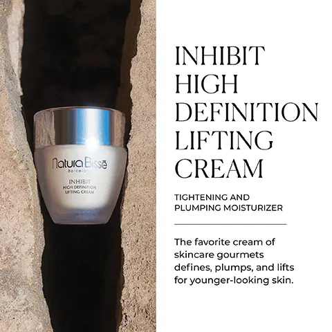 Image 1 - A jar of Natura Bissé Inhibit High Definition Lifting Cream sits on a rocky surface, with text beside it that reads INHIBIT HIGH DEFINITION LIFTING CREAM TIGHTENING AND PLUMPING MOISTURIZER The favorite cream of skincare gourmets defines, plumps, and lifts for younger-looking skin.
Image 2 - A close-up of a woman with glowing skin and light makeup, smiling softly, with text to the side that reads KEY BENEFITS Lifts UPPER THIRD Visible lifting effect for smoother, firmer skin Plumps MIDDLE THIRD More supple and fuller-looking complexion Defines LOWER THIRD Enhanced facial contours and tighter appearance.
Image 3 - A cosmetic jar of Natura Bissé Inhibit High Definition Lifting Cream is prominently displayed, with text indicating ANTI-GRAVITY EFFECT, VERIFIED, along with statistics showing 81.8% facial contour looks more sculpted, 84.8% skin appears firmer, and 81.6% cheeks look fuller and more defined.
Image 4 - A model with a smooth complexion is holding a jar of cream labeled Freeze Gravity, with text beside her that describes the products benefits and mentions it is gluten-free and alcohol-free.
Image 5 - Image of five skincare bottles against a blue sky background with the text AT-HOME WRINKLE REMEDY A revolutionary skincare concept inspired by non-invasive aesthetic cosmetic solutions to relax the look of wrinkles.