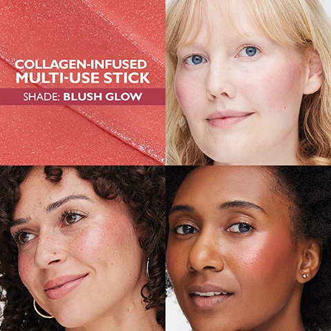 Image 1, collagen infused multi use stick. shade blush glow. image 2, clinically proven to improve the look of elasticity instantly and over time. based on a 1 week clinically measured study on 28 women in age from 32 to 65. image 3, 10% collagen complex = high potency plumper delivers the look of youthful bounce. peptides = matrixyl 3000 peptide complex helps skin appear smooth and firm. hyaluronic acid filling spheres = hydrating technology infuses skin with long lasting moisture. image 4, emira wears blush glow for a rosy finish. image 5, clinically stronger skin care in a multi use stick. instant hydration, bounce and glow. long term firming and elasticity results. 3 universal buildable shades. image 5, 3 universal shades, buildable radiant finish on all skin tones. image 6, boost your bounce.0