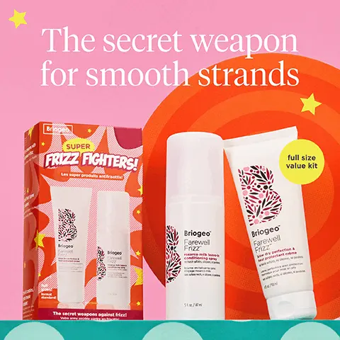 The secret weapon for smooth strands, full size value kit. Decreases frizz by 90% for up to 48 hours. Reduces frizz for 48 hours, in a third party study using human hair tresses. before, after, Farewell Frizz Blow Dry Perfection & Heat Protectant Creme. before, after, Farewell Frizz Rosarco Milk Leave-In Conditioning Spray. How to use. Step 1, Spritz damp hair with Leave-In Conditioning Spray, focusing on mid-lengths to ends. Step 2, Comb a dime to quarter-sized amount of Blow Dry Perfection Creme through damp hair. Blow dry and style as desired. Rosehip oil, provides essential fatty acids that lock in moisture and help prevent frizz. Coconut oil, Seals in moisture and helps protect against breakage and heat. Argan oil, Conditions hair and helps minimize dryness and frizz.