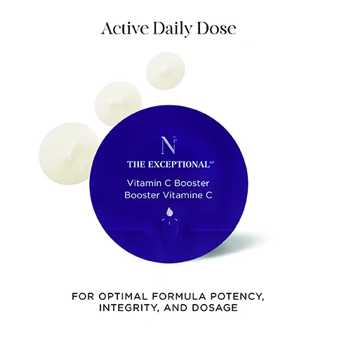 Image 1 - Image of a round blue packaging labeled THE EXCEPTIONAL with the text Vitamin C Booster Booster Vitamin C on it, surrounded by a few small white capsules, and the heading Active Daily Dose above with the note FOR OPTIMAL FORMULA POTENCY, INTEGRITY, AND DOSAGE below.
Image 2 - A close-up of a person with smooth skin applying a product to their cheek, showcasing glowing skin and featuring the text CLARIFY. ILLUMINATE. PROTECT.
Image 3 - A light-colored background features the text Clean Formula, CRUELTY-FREE & VEGAN, followed by FREE OF FRAGRANCE, PARABENS, ALCOHOL, SILICONE....
Image 4 - Close-up of a woman with healthy skin holding her face, showing visible beauty statistics: after 4 weeks, +162% boost in radiance and -240% reduction in hyperpigmentation.
Image 5 - The image shows a white box labeled NOBLE PANACEA containing Vitamin C booster doses, with text stating THE EXCEPTIONAL, Vitamin C Booster, Refill / Recharge, and information about recyclable materials, including FSC® CERTIFIED PAPER and 100% RECYCLABLE ACTIVE DOSES.
Image 6 - Image shows various fruit and extract samples arranged on plates, including red acerola cherries, green kakadu plums, and camu camu berries, with a small container of white powder labeled N and a pipette, accompanied by text describing their benefits and uses.