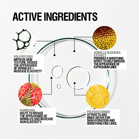 Image 1 - Image shows a list of active ingredients on a skincare product, including a circular petri dish with liquid and various colorful ingredients, labeled as ACTIVE INGREDIENTS, with descriptions for each: POLYPEPTIDES improve skin texture, reduce the appearance of wrinkles + increase elasticity, ACMELLA OLERACEA EXTRACT provides a smoothing effect to help improve the appearance of expression lines, RAMBUTAN helps to reduce the appearance of wrinkles and increase skin elasticity, and POLYSACCHARIDE attracts and binds water for skin hydration and smoothing fine lines.
Image 2 - Three brown bottles with black pumps labeled GROWN ALCHEMIST and REGENERATING SERUM are displayed on a white surface, with text above stating REJUVENATES + HYDRATES SKIN REDUCES FINE LINES SKIN APPEARS FIRMER.
Image 3 - A close-up image of a man with a smooth complexion, showcasing text that states 90% agreed improves hydration, 89% agreed improves suppleness, and 81% agrees improves skin firmness, with a note below indicating the studys basis on a 2022 independent clinical study of 101 people over 4 weeks.
Image 4 - A rating of five stars is displayed above the text that reads the best of the best. Leaves my skin feeling soft and luxurious. – KERRIT2.
Image 5 - Close-up of a woman with wet, tousled hair, holding her face with one hand, featuring text that reads HOW TO USE Massage a few drops gently into skin after cleansing. Use AM + PM before moisturizing.
Image 6 - A close-up image of white gel serum with soft, wavy textures in the background, featuring the text Lightweight Gel Serum.