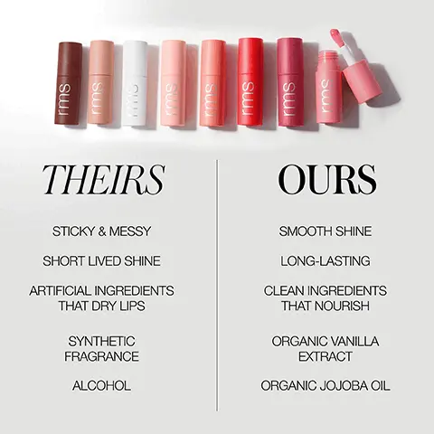 THEIRS, sticky & messy, short lived shine, artificial ingredients that dry lips, synthetic fragrance, alcohol. OURS, smooth shine, long-lasting, clean ingredients that nourish, organic vanilla extract, organic jojoba oil. A close-up of a person's lips holding a cherry, with text describing lip-loving clean ingredients like Bitter Cherry Seed Oil, Organic Vanilla Extract, Organic RMS Adaptogenic Herbal Blend, and Organic Jojoba Oil, each highlighting their benefits for lip nourishment.