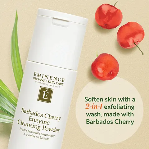 Soften skin with a 2-in-1 exfoliating wash, made with Barbados Cherry. Transforms from a fine powder to creamy foam! Enzymes are a protein that supports the skin's natural renewal process. Superfoods and exfoliating enzymes unveil a smooth, radiant complexion - without any visible irritation! Discover the science of superfood enzymes for radiant skin.