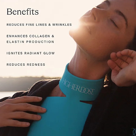 Image 1 - A woman with a serene expression is shown with her eyes closed, facing the sun, wearing a blue garment with the text HIGHERDOSE, while the image lists benefits including reduces fine lines & wrinkles, enhances collagen & elastin production, ignites radiant glow, and reduces redness.