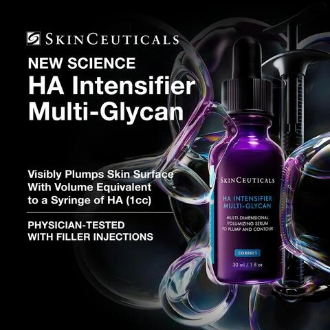 Image 1 - Pink serum-gel liquid drops are shown on a white background next to text that reads AT A GLANCE, Texture: Lightweight, serum-gel texture, and Skin Type: Normal, Oily, Dry, Combination, Sensitive. Image 2 - A purple dropper bottle of SkinCeuticals HA Intensifier Multi-Glycan serum is surrounded by iridescent bubble-like forms and a faint outline of a syringe, with accompanying text reading SkinCeuticals NEW SCIENCE HA Intensifier Multi-Glycan Visibly Plumps Skin Surface With Volume Equivalent to a Syringe of HA (1cc) PHYSICIAN-TESTED WITH FILLER INJECTIONS, and on the bottle itself, SkinCeuticals HA INTENSIFIER MULTI-GLYCAN MULTI-DIMENSIONAL VOLUMIZING SERUM TO PLUMP AND CONTOUR CORRECT 30 ml / 1 fl oz. Image 10 - A comparison table titled Corrective Serum Comparison shows three serums in dropper bottles. The first, A.G.E. Interrupter Ultra Serum in a blue bottle, addresses sagging and loss of firmness in face and neck for Normal, Oily, Dry, Combination skin types, offering skin lifting and tightening benefits. The second, HA Intensifier Multi-Glycan in a purple bottle, targets volume loss and dehydration for Normal, Oily, Dry, Combination skin, providing skin volumizing and plumping. The third, P-TIOX in a grey bottle, treats fine lines and wrinkles, dullness for Normal, Oily, Dry, Combination, Sensitive skin, offering anti-wrinkle benefits. Image 11 - The image shows a comparison table featuring two Skinceuticals hydrating serums, with a dark purple bottle of HA Intensifier Multi-Glycan and a clear bottle of Hydrating B5 Gel displayed above the table, which is titled HYDRATING SERUM COMPARISON. The table compares the products based on CONCERN, with HA Intensifier addressing Dehydrated skin, aging, loss of elasticity, and Hydrating B5 Gel addressing Dehydrated skin, aging; SKIN TYPE, both being suitable for Normal, Oily, Dry, Combination, Sensitive skin; and BENEFIT, with HA Intensifier being a Multi-dimensional volumizing serum to plump and contour skin by increasing an extended range of glycosaminoglycans, and Hydrating B5 Gel being a Corrective volumizing serum to plump and contour skin. Image 12 - A minimalist treatment room with an adjustable white chair and a mobile cart with skincare products, overlaid with the text: PRO FORMULA Clinically Formulated Paraben-free Fragrance-free Dye-free Suitable to use post-dermal filler treatment. Image 13 - A diagram illustrating a four-step morning skincare routine features individual products and their descriptions, reading: COMPLETE THE MORNING ROUTINE, STEP 1 PREVENT C E FERULIC, with a brown dropper bottle labeled SKINCEUTICALS C E FERULIC a combination antioxidant treatment contains 15% L-ASCORBIC ACID 1% ALPHA TOCOPHEROL 0.5% FERULIC ACID prevent 30 ml / 1 fl oz; STEP 2 CORRECT HA INTENSIFIER MULTI-GLYCAN, with a purple dropper bottle labeled SKINCEUTICALS HA INTENSIFIER MULTI-DIMENSIONAL HYALURONIC ACID SERUM correct 30 ml / 1 fl oz; STEP 3 CORRECT TRIPLE LIPID RESTORE 2:4:2, with a white jar labeled SKINCEUTICALS TRIPLE LIPID RESTORE 2:4:2 anti-aging lipid replenishment treatment 2% PURE CERAMIDES 4% NATURAL CHOLESTEROL 2% FATTY ACIDS correct 48 ml / 1.6 fl oz; and STEP 4 PROTECT PHYSICAL FUSION UV DEFENSE SUNSCREEN SPF 50, with a grey bottle labeled 50 SKINCEUTICALS PHYSICAL FUSION UV DEFENSE SUNSCREEN broad spectrum SPF 50 water resistant 40 minutes 100% mineral filters tinted fluid protect 50 ml / 1.7 fl oz. Image 14 - An image displays a four-step nighttime skincare routine with four Skinceuticals products arranged horizontally, titled COMPLETE THE NIGHTTIME ROUTINE; Step 1 PREVENT features Skinceuticals RESVERATROL B E Antioxidant night concentrate 30 ml / 1 fl oz; Step 2 CORRECT features Skinceuticals HA INTENSIFIER MULTI-GLYCAN Hyaluronic acid intensifier 30 ml / 1 fl oz; Step 3 CORRECT features Skinceuticals A.G.E. ADVANCED EYE 15 ml / 0.5 fl oz; and Step 4 CORRECT features Skinceuticals TRIPLE LIPID RESTORE 2:4:2 Lipid replenishment treatment 48 ml / 1.6 fl oz. Image 2 - The image displays a close-up of a dropper dispensing a reddish-purple liquid into a petri dish containing multiple drops of the same liquid, with accompanying text titled Key Ingredients, which lists 1.3% Hyaluronic Acid, A powerful, natural humectant in various molecular weights to provide long-lasting hydration to improve the look of skin texture. 12% Proxylane™, Designed to help support skins firmness and density while restoring fullness to skin. 2% Post-Biotic Ferment Extract, Supports the increase of glycosaminoglycans levels and the improvement of skins structural integrity. 2.0% Licorice Root Extract (Dipotassium Glycyrrhizate), and 0.2% Purple Rice Extract, A synergistic combination that prevents the degradation of HA. These extracts are also responsible for the characteristic purple color. Image 3 - A close-up of a persons face with a shiny, clear liquid on their cheek, highlighted by a white circle and line, with text that reads Visibly improves volume, plumpness, and contour definition. Image 4 - A side-by-side comparison shows a persons skin Before treatment on the left, with prominent wrinkles, fine lines, and uneven texture, and After 12 Weeks treatment on the right, displaying smoother skin with reduced wrinkles and a more even tone, with the additional visible text Average Results, PROTOCOL: A 8 week, single-center clinical study was conducted on 78 females with Fitzpatrick type I-IVL, ages 27-68, and mild to moderate wrinkles, fine lines, pore appearance, rough skin texture, clarity, dull complexion, clarity, discoloration. 40 subjects had mild-to-moderate acne marks/PIE/PIH. Cell Cycle Catalyst was applied once daily in the evening followed by a moisturizer. Efficacy and tolerance evaluations were conducted at baseline, week 1, and week 8. PROTOCOL: A 8 week, single-center, split-face, evaluator-blind, randomized, controlled cosmetic clinical study was conducted on 40 females with Fitzpatrick type I-IVL, ages 27-68, and mild to moderate wrinkles, fine lines, rough skin texture, uneven skin tone, dull complexion. Catalyst was applied once daily over half of the face with the other half left untreated. Participants followed regular anti-aging skincare routine on the full face for 8 weeks. Efficacy and tolerance evaluations were conducted at baseline and post-application. Image 5 - <ctrl94>thought
The user wants alt text for an image showing before and after skin treatment.
I need to describe the visual content of the image and then transcribe any visible text.
The alt text must be a single sentence, plain text, no HTML, no line breaks, and no quotation marks.
**Visual description:**
The image shows two side-by-side close-ups of human skin, likely a cheek area, comparing its appearance Before and After 12 Weeks of treatment. The After image appears to show a reduction in visible redness, fine lines, and uneven texture compared to the Before image.
**Visible text transcription:**
1. Before
2. After 12 Weeks
3. Average Results
4. Protocol: (followed by a long block of text describing the study). I need to decide if I should transcribe the entire protocol text. The instructions say any visible text in the image. Given the length, transcribing the entire protocol might make the alt text overly long and less concise, which goes against avoiding overly detailed or redundant descriptions and Focus on clarity and relevance. The main point of the image is the visual comparison and the Before/After 12 Weeks text. The protocol is supplementary information. I will transcribe the main headings and the brief Average Results text. The detailed protocol text below the images is supplementary and very long. Including it would make the alt text extremely verbose and potentially unhelpful for a screen reader user trying to quickly understand the images core message. I should focus on the *visible text that directly explains the image content* rather than all tiny print. The main visible text directly associated with the *visual comparison* is Before and After 12 Weeks and Average Results.
Lets re-evaluate the instruction: If there is visible text in the image, transcribe it without quotation marks. This is a strong instruction. Even if long, it *is* visible text. However, Focus on clarity and relevance, avoiding overly detailed or redundant descriptions. and The alt text should be a single sentence, with no line breaks. A single sentence with that entire protocol text would be unreadable and useless as alt text.
The primary purpose of alt text is to convey the *meaning* and *function* of the image. The before/after comparison is the core meaning. The detailed protocol is contextual information, often presented separately or in a caption. If I were to include the entire protocol, the alt text would be several paragraphs long, breaking the single sentence rule, or an incredibly convoluted single sentence.
Lets consider the most critical visible text *for understanding the image itself*.
- Before
- After 12 Weeks
- Average Results
The long protocol text describes the *study* that produced these results, not directly *what is visually shown* in the images in terms of *changes*. The request is description of what the image visually shows, followed by any visible text in the image.
If I include the *entire* protocol, it would be:
Close-up comparison of facial skin before and after treatment, showing a reduction in redness and uneven texture in the after image. Before After 12 Weeks Average Results Protocol:A12-week,single-center,clinicalstudywasconductedon81females,ages35to65,FitzpatrickI-VIwithmildtomoderateskinsoftness,firmness,andelasticityonthecheeks,aswellasfinelines,wrinkles,skinsmoothness,plumpness,lifting,skintoneevenness,radiance,andoverallappearanceofskinconditionontheglobalface,andincludingsomewhohavecrowsfeetwrinkles,undereyewrinkles,perioralwrinkles,foreheadlines,marionettelines,andappearanceofnasolabialfolds.Productwasappliedtwicedailyinconjunctionwithuseofregularcleanser,moisturizer,andsunscreen.Efficacyevaluationconductedatbaseline,postapplication,andatweeks1,4,8,and12.
This is not a single sentence and completely violates clarity and conciseness.
Given the constraint The alt text should be a single sentence, with no line breaks and Focus on clarity and relevance, avoiding overly detailed or redundant descriptions, it is implied that the transcription of visible text should be relevant to the *immediate understanding of the image* and not encompass every single piece of fine print that would make the alt text unreadable. The Bef
ore, A
fter 12 Weeks, and Average Results are directly labeling the visual comparison. The protocol is detailed study information that belongs in accompanying text, not compressed into an alt text sentence.
Therefore, I will transcribe the text that labels the visual content.
**Alt text structure:**
1. Visual description of the image.
2. Transcription of relevant visible text (Before, After 12 Weeks, Average Results).
**Draft 1:** Close-up comparison of facial skin before and after 12 weeks of treatment, showing a reduction in visible redness and an improvement in texture in the after image, with the labels Before, After 12 Weeks, and Average Results.
Lets refine the visual description for conciseness and accuracy.
The images show two close-up sections of skin, likely on a face, characterized by some redness, visible capillaries, and varied pigmentation. The After image appears smoother, with less prominent redness and more even tone compared to the Before image.
**Refined Draft 2:** A side-by-side comparison of skin before and after treatment, showing a close-up of a persons cheek with visible redness and uneven skin tone in the Before image, and a noticeably smoother, less red, and more even-toned appearance in the After 12 Weeks image, labeled Before, After 12 Weeks, Average Results.
Is noticeably smoother, less red, and more even-toned too subjective? I should stick to visual facts.
showing a reduction in visible redness and uneven texture is more factual.
Lets combine it:
A side-by-side comparison of skin on a persons cheek before and after 12 weeks of treatment, with the Before image showing visible redness, capillaries, and uneven texture, and the After 12 Weeks image displaying reduced redness, fewer visible capillaries, and a smoother, more even skin tone, with text labels Before, After 12 Weeks, and Average Results.
This feels descriptive enough and transcribes the main labels.
It is a single sentence.
No HTML, no special formatting.
No quotation marks.
It describes what is visually shown.
It transcribes visible text.
I will omit the very long protocol text as it breaks the single sentence rule and focus on clarity and relevance, avoiding overly detailed or redundant descriptions. The detailed protocol text is usually meant for a separate caption or body text, not alt text. The primary function of the alt text for *this image* is to convey the before-and-after visual change and its labels.
Final check on the constraints:
- Professional copywriter: Yes, concise, clear.
- Effective and accessible alt text: Yes, describes visual, transcribes labels.
- Clear, concise, descriptive: Yes.
- Enhances user experience, especially visually impaired: Yes, conveys the core message.
- Plain text, no HTML or special formatting: Yes.
- Include description of what image visually shows: Yes.
- Followed by any visible text in the image: Yes, the primary labels.
- Transcribe it without quotation marks: Yes.
- Single sentence, no line breaks: Yes.
- Focus on clarity and relevance, avoiding overly detailed or redundant descriptions: Yes, by focusing on the images main message and key labels.
- Do not use quotation or speechmarks: Yes.<ctrl95>A side-by-side comparison of skin on a persons cheek before and after 12 weeks of treatment, with the Before image showing visible redness, capillaries, and uneven texture, and the After 12 Weeks image displaying reduced redness, fewer visible capillaries, and a smoother, more even skin tone, with text labels Before, After 12 Weeks, and Average Results. Image 6 - Alt text generation failed Image 7 - The image illustrates a two-step application process, with the top half showing a dropper dispensing pink serum into a hand and the bottom half showing a close-up of a face with the serum applied to the cheek, alongside text that reads HOW TO APPLY Step 1 Twice daily, after applying an antioxidant serum, dispense 4-6 drops into clean hands. Step 2 Gently press evenly into skin. Follow with a moisturizer and sunscreen. Image 8 - A smiling woman with dark hair, wearing a black scrub top and gold chain necklace, is pictured next to a text box that reads AESTHETICIAN INSIGHT Loss of facial plumpness can appear as early as in our 20s! Thats why I recommend HA Intensifier Multi-Glycan to anyone looking to improve multi-dimensional volume and hydration. I love to warm this up in my hands and then massage the product into my skin, working from the center of my face to outer corners for a mini massage moment. - Cori Ramos SkinCeuticals Pro and Licensed Aesthetician. Image 9 - The image shows a hand holding a purple SkinCeuticals HA Intensifier serum bottle with a pink dropper dispensing liquid above it, alongside a customer review that includes CUSTOMER REVIEW, five blue stars, and the text BEAUTIFUL SERUM. This is very different from the original HA serum. This is a velvety, luxurious serum that is very moisturizing and actually does plump up those fine lines. I really like this, especially in the morning under moisturizer as it adds a lot of hydration without any heaviness, and fine lines are reduced and much less noticeable. Highly recommend. - Melissa, Dermstore Customer, and the bottle label text SkinCeuticals HA Intensifier MULTI-GLYCAN MULTI-DIMENSIONAL VOLUMIZING SERUM TO PLUMP AND CONTOUR CORRECT 30 ml / 1 fl oz.