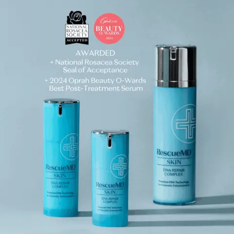 Awarded National Rosacea Society Seal of Acceptance. 2024 Oprah Beauty O-Wards Best Post Treatment Serum. Dye free. Fragrance free. Paraben + phthalate free. Before. After 8 weeks.