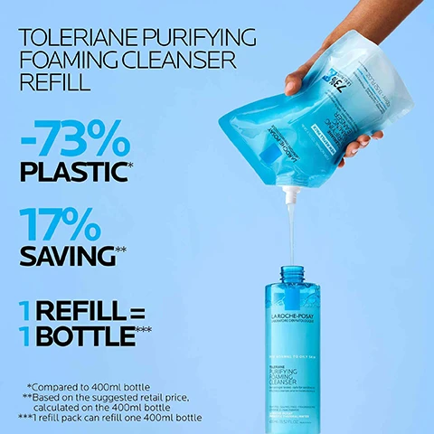 image 1, toleriane purifying foaming cleanser refill. -73% plastic, 17% saving, 1 refill = 1 bottle. compared to the 400ml bottle. based on the suggested retail price calculated on the 400ml bottle. 1 refill pack can refill one 400ml bottle. image 2, niacinamide - known for its soothing and restoring properties. ceramide-3 - helps retain moisture and maintain a healthy skin barrier. thermal water = a soothing water rich in selenium, a natural antioxidant. image 3, removes impurities, excess oil and makeup. foaming gel texture. gentle for normal to oily sensitive skin. image 4, 94% say skin feels healthier. 92% say it effectively cleanses impurities, dirt and oil. image 5, foaming gel texture. remove excess oil impurities and makeup. maintains skin's natural moisture barrier and ph. image 6, morning and evening massage onto wet skin, rinse and pat dry. image 7, dermatologist recommended. board certified dermatologist dr anna karp said = i recommend that my patients with sensitive skin look for gentle cleansers free of ingredients that could cause irritation or skin reactions such as fragrance, drying alcohol and certain preservatives, parabens and sulfates. image 8, suitable for all skin types. image 9, recommended by dermatologists. allergy tested. oil free non comedogenic. fragrance free.