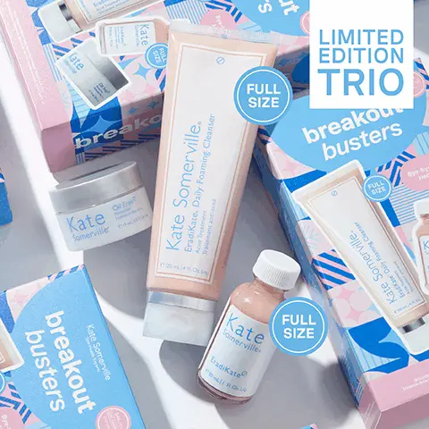 Limited edition trio, full size. Unretouched, real results. What's inside, eradikate daily foaming cleanser, the TikTok breakout star. Clinical strength acne cleanser with 3% sulfer. Eradikate acne treatment, the no.1 spot treatment with 10% sulfur. oil-free moisturizer, clinically formulated hydration for oily skin.