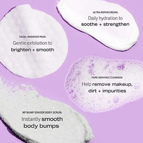 Image shows four skincare product descriptions arranged on a purple background: Ultra Repair Cream with text 'Daily hydration to soothe + strengthen,' Facial Radiance Pads with text 'Gentle exfoliation to brighten + smooth,' Pure Skin Face Cleanser with text 'Help remove makeup, dirt + impurities,' and KP Bump Eraser Body Scrub with text 'Instantly smooth body bumps.' A jar of Ultra Repair Cream with a creamy texture on top, featuring labels that read 'Delivers 24-hour hydration to strengthen skin barrier in 7 days,' 'First Aid Beauty, 'ULTRA REPAIR CREAM,' 'INTENSE HYDRATION, 'Skin Protectant Colloidal Oatmeal,' and 'SAFE FOR SENSITIVE SKIN.'
A round container labeled 'Facial Radiance Pads' with text indicating 'Swipe + Glow: Instant exfoliation for smoother, brighter skin