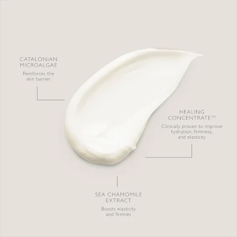 CATALONIAN MICROALGAE Reinforces the skin barrier SEA CHAMOMILE EXTRACT Boosts elasticity and firmnes HEALING CONCENTRATETMM Clinically proven to improve hydration, firmness, and elasticity