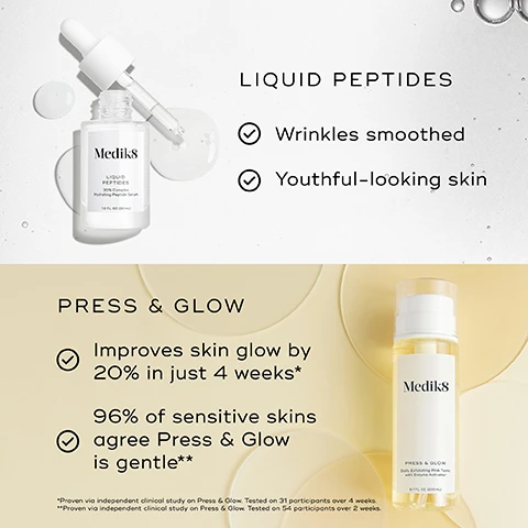 Image 1 - Image shows two skincare products by Medik8, with a dropper bottle labeled LIQUID PEPTIDES on top stating that it smooths wrinkles and promotes youthful-looking skin, and below it, a bottle labeled PRESS & GLOW highlighting that it improves skin glow by 20% in 4 weeks and that 96% of sensitive skins agree it is gentle.
Image 2 - Split image showing a close-up of a womans forehead and eye area before and after using a skincare product; the left side labeled BEFORE shows more wrinkles, while the right side labeled AFTER 7 DAYS shows smoother skin with text indicating LIQUID PEPTIDES and a bottle of Medik8 liquid peptides serum with the tagline Younger-looking skin in just 7 Days.
Image 3 - Image showing a side-by-side comparison of skin texture before and after using a product labeled Press & Glow, with visible text stating BEFORE on the left, AFTER 2 WEEKS PRESS & GLOW on the right, and 97% agree their skin looked smoother after use at the bottom.
Image 4 - Image showing a skincare layering guide for morning (AM) and evening (PM) routines, with the products labeled as cleanse, tone, vitamin C, target, and moisturize, and includes the text Expert advice: Apply sunscreen daily to yield maximum age-defying results from the rest of your skincare regimen.