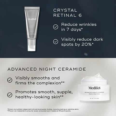 Image 1 - Image shows two skincare products, a grey tube labeled CRYSTAL RETINAL 6 with bullet points stating it reduces wrinkles in 7 days and visibly reduces dark spots by 20%, and a white jar labeled ADVANCED NIGHT CERAMIDE with bullet points stating it visibly smooths and firms the complexion and promotes smooth, supple, healthy-looking skin.
Image 2 - An instructional graphic titled HOW TO LAYER showing five skincare products labeled as Cleanse, Target, Vitamin A, Eyes, and Moisturize, along with the text EXPERT ADVICE Apply Advanced Night Ceramide after vitamin A for enhanced age-defying benefits and total skin comfort.