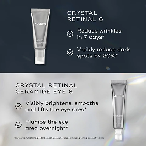 Image 1 - Image shows two products from Medik8: Crystal Retinal 6 with benefits of reducing wrinkles in 7 days and visibly reducing dark spots by 20%, and Crystal Retinal Ceramide Eye 6 which visibly brightens, smooths, and lifts the eye area while plumping the eye area overnight.
Image 2 - Image shows side-by-side comparison of a persons closed eye area, with visible wrinkles and skin texture differences labeled BEFORE on the left and AFTER 1 USE on the right, featuring the product label CRYSTAL RETINAL CERAMIDE EYE, along with the text stating 94% showed a clinical improvement to the look of wrinkles around the eyes with just 1 use.
Image 3 - Image comparing a womans forehead before and after using a skincare product, showing reduced lines and improved skin texture, with visible text stating BEFORE and AFTER 1 TUBE CRYSTAL RETINAL along with 97% of people felt their skin had a more youthful appearance* at the bottom.
Image 4 - Image shows two skincare products from Medik8: a larger tube labeled as Crystal Retinal 6 for step 1, and a smaller tube labeled as Crystal Retinal Ceramide Eye 6 for step 2.