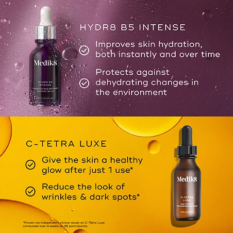 Image 1 - Image features two skincare serums by Medik8: the top section shows a dark purple bottle labeled HYDR8 B5 INTENSE with descriptions about improving skin hydration and protecting against environmental dehydration, while the bottom section displays a brown bottle labeled C-TETRA LUXE with statements about giving the skin a healthy glow and reducing the look of wrinkles and dark spots.
Image 2 - Image showing a skincare routine with products arranged for morning and evening use, labeled AM on top with icons for cleansing, toning, hydrating, and applying vitamin C, and PM on the bottom with cleansing, hydrating, applying vitamin A, and moisturizing; products include Medik8 branding.