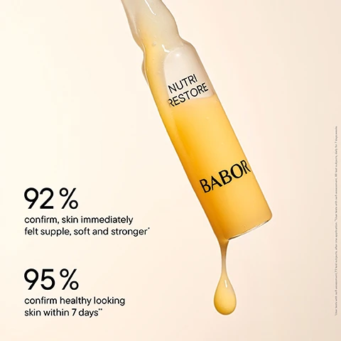 Image 1 - A glass ampoule filled with a yellow liquid labeled NUTRI RESTORE and BABOR is shown dripping, with accompanying statistics stating that 92% confirm skin immediately felt supple, soft, and stronger, and 95% confirm healthy looking skin within 7 days.
Image 2 - Image shows a close-up of yellow cream with three labeled sections: MICRONUTRIENTS Highly effective blend to fully nourish and recharge skin, ECTOIN Promotes the strengthening of the skin barrier, SKIN IDENTICAL SQUALANE Restores the skin’s natural suppleness.
Image 3 - A glass ampoule containing yellow serum is displayed on a soft-focus light background, with the text NUTRI RESTORE, AMPOULE SERUM CONCENTRATE, and product descriptions about nourishment and restorative properties, alongside icons indicating clean beauty, dermatologically tested, and 100% vegan.