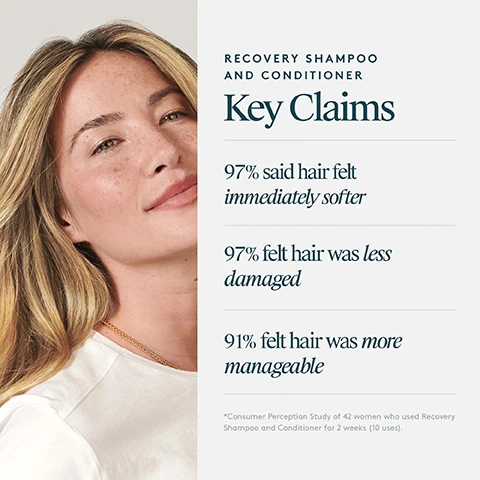 Image 1, recovery shampoo and conditioner. key claims. 97% said hair felt immediately softer. 97% felt their hair was less damaged. 91% felt hair was more manageable. consumer perception study of 42 women who used recovery shampoo and conditioner for 2 weeks (10 uses). image 2, how to use. emulsify a quarter size amount of shampoo between palms. massage into scalp, work through ends and rinse. work a quarter size amount of conditioner between palms, apply to wet hair from mid shafts to ends leave in for 1-2 minutes before rinsing. image 3, key ingredients. hydroluzed quinoa - moisturises and enhances colour and shine. baobab seed extract - acts as intense emollient for dry, damaged hair. grapefruit extract - vitamin c and antioxidants return hair's vibrance and shine. image 4, what it is - a revitalising duo for dry, damaged hair. what it does - repairs damage while increasing hydration, shine and manageability. perfect for - all hair types, especially hair that's damaged or in need of extra care.