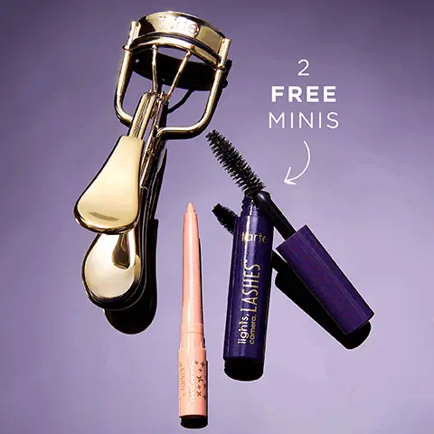 2 free minis. Mini Lights, Camera, Lashes 4-in-1 mascara. After, Before.