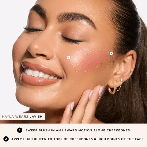 Kayla Wears Lavish. 1. Sweep blush in an upward motion along cheekbones. 2. Apply highlighter to tops of cheekbones & high points of the face. Tina wears chic.